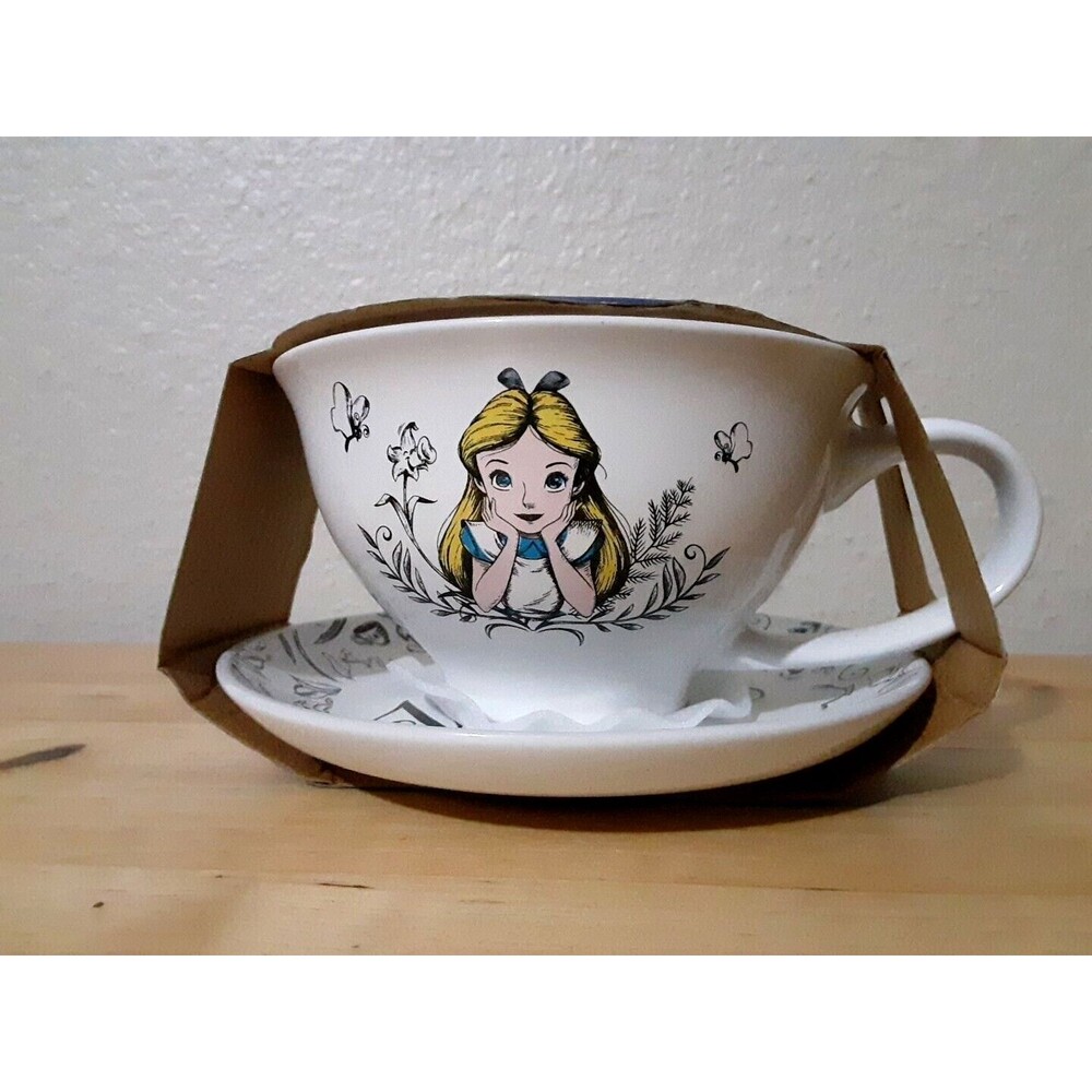 NEW Disney Alice In Wonderland Floral Sketch Tea Cup Saucer Set Ceramic 12oz - Picture 1 of 6